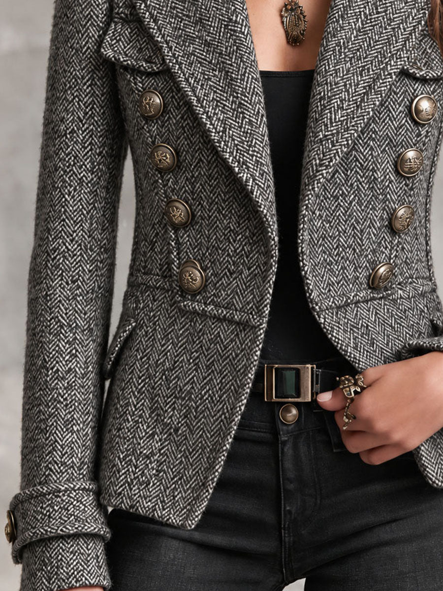 Imogen - Grey Check Military-Style Cropped Blazer with Copper Buttons