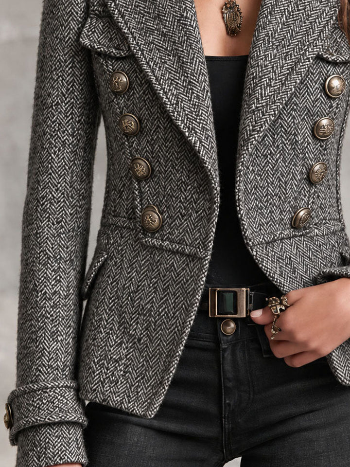 Imogen - Grey Check Military-Style Cropped Blazer with Copper Buttons