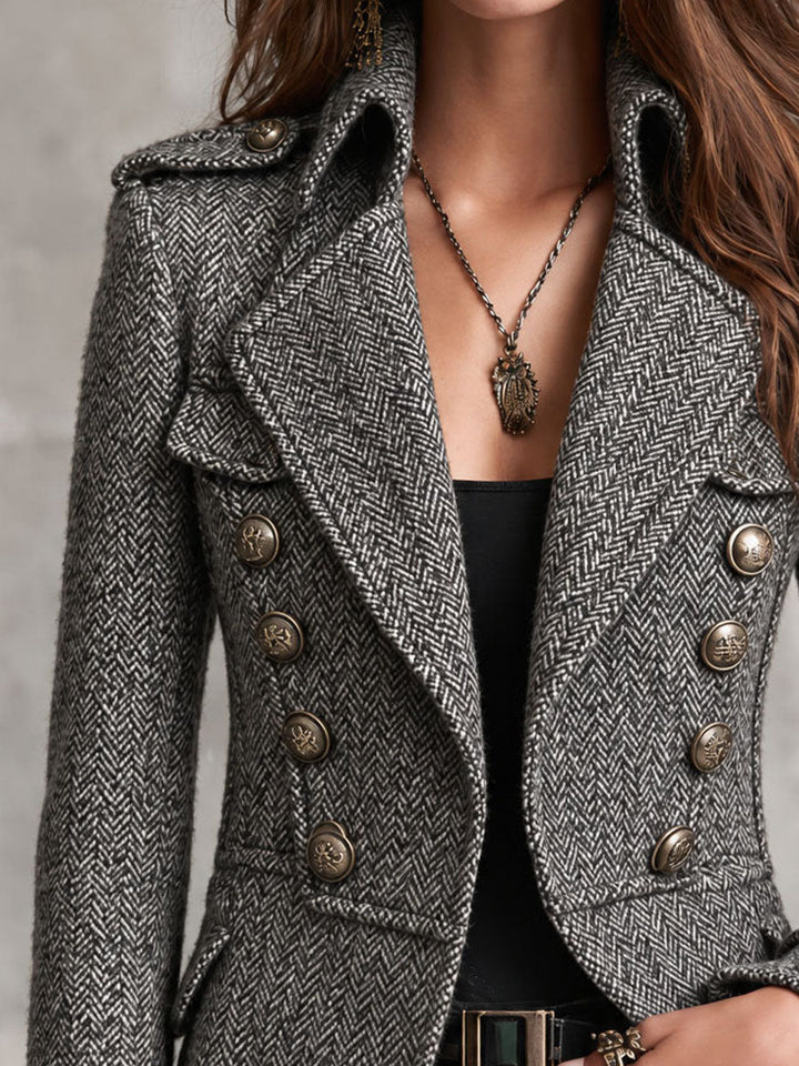 Imogen - Grey Check Military-Style Cropped Blazer with Copper Buttons