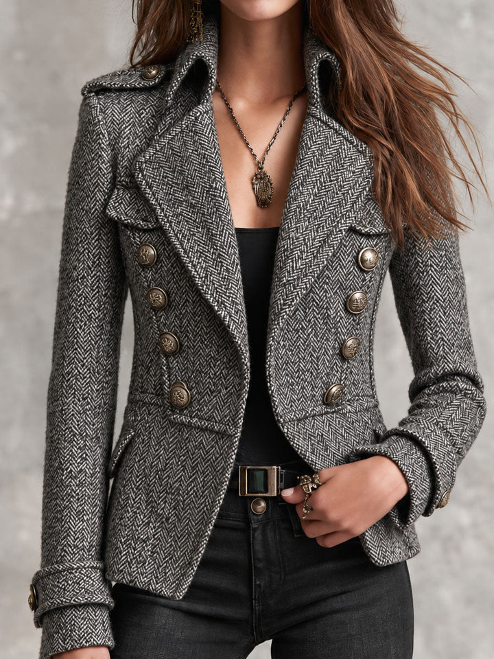 Imogen - Grey Check Military-Style Cropped Blazer with Copper Buttons