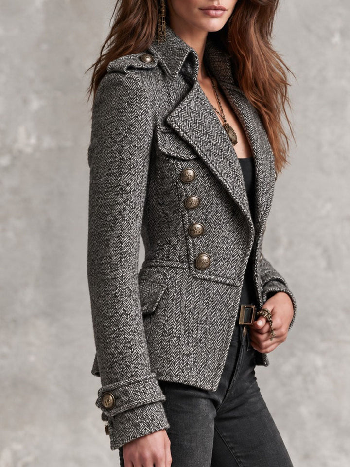 Imogen - Grey Check Military-Style Cropped Blazer with Copper Buttons
