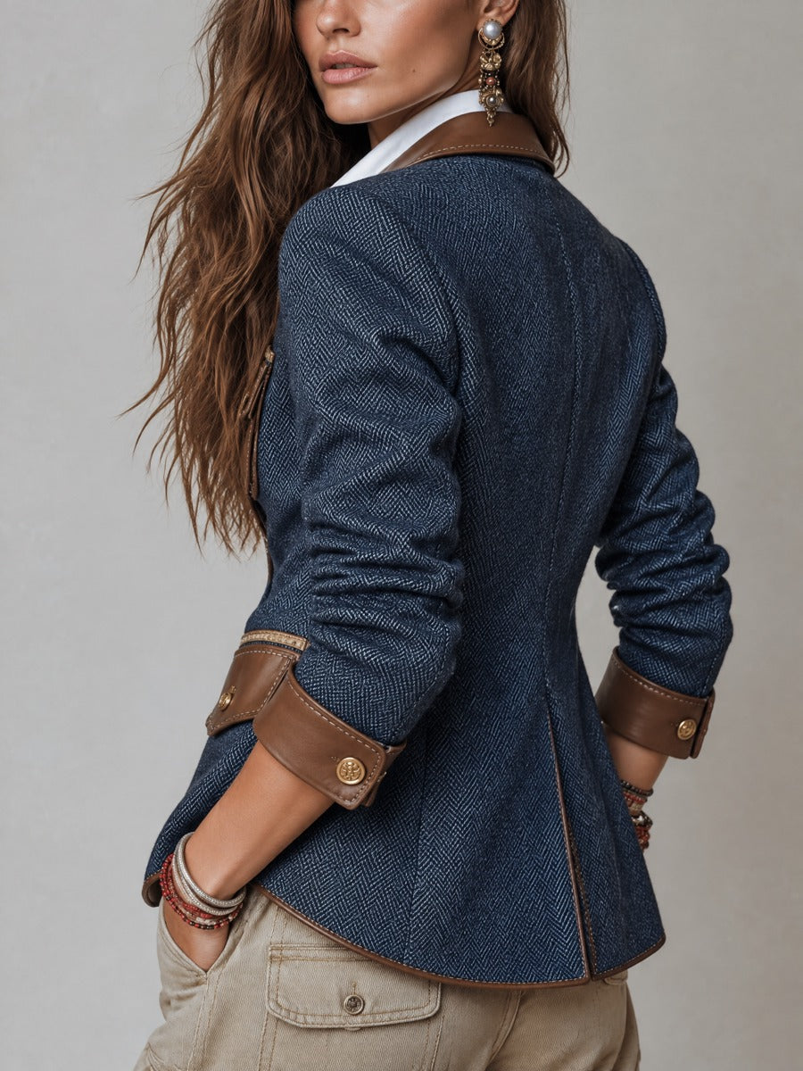 Greer - Houndstooth Blazer with Faux Leather Trim