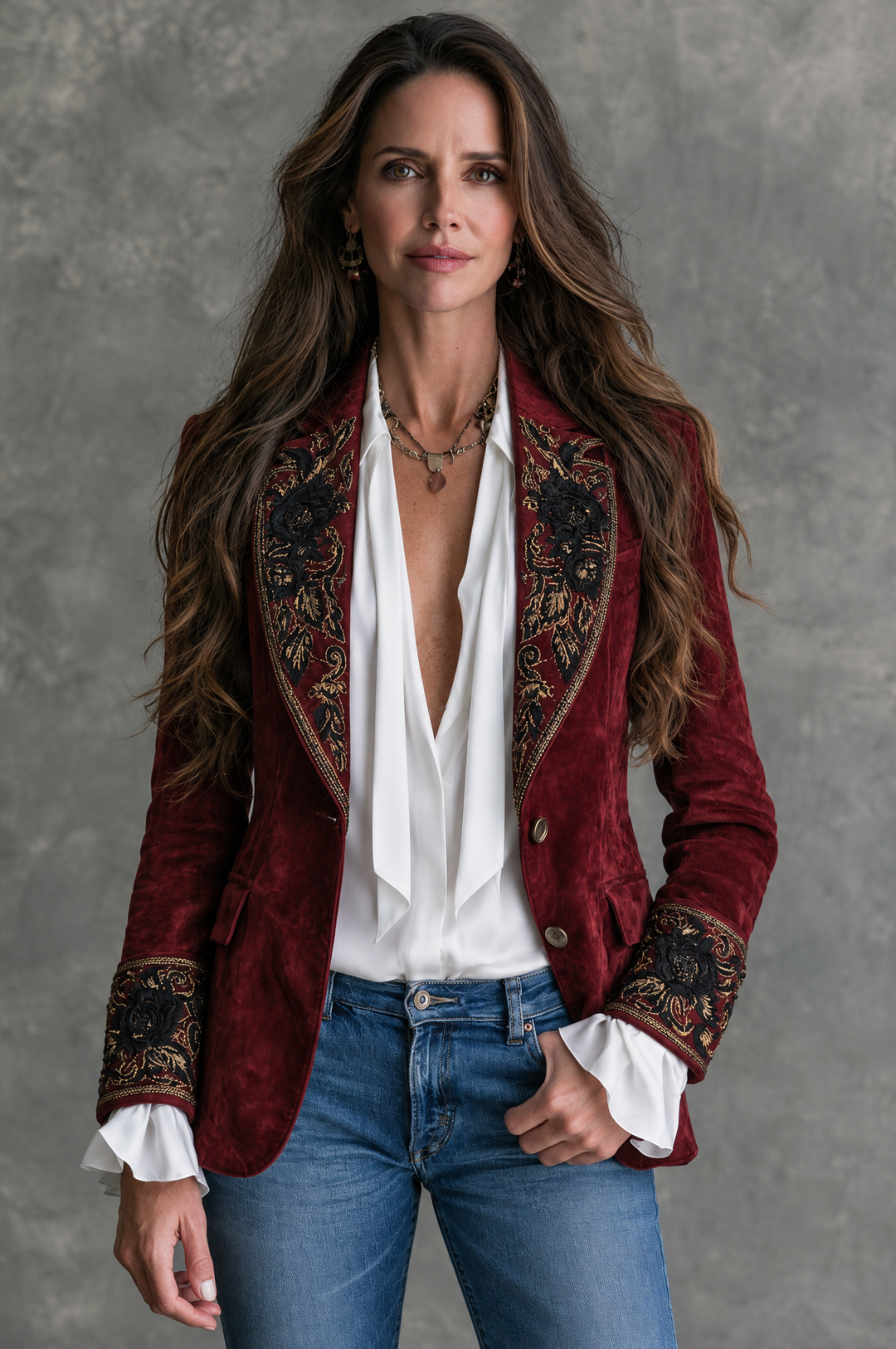 Georgia - Vintage Microsuede Blazer with Satin Collar and Floral Embroidery