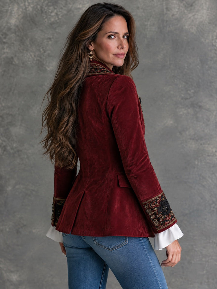 Georgia - Vintage Microsuede Blazer with Satin Collar and Floral Embroidery