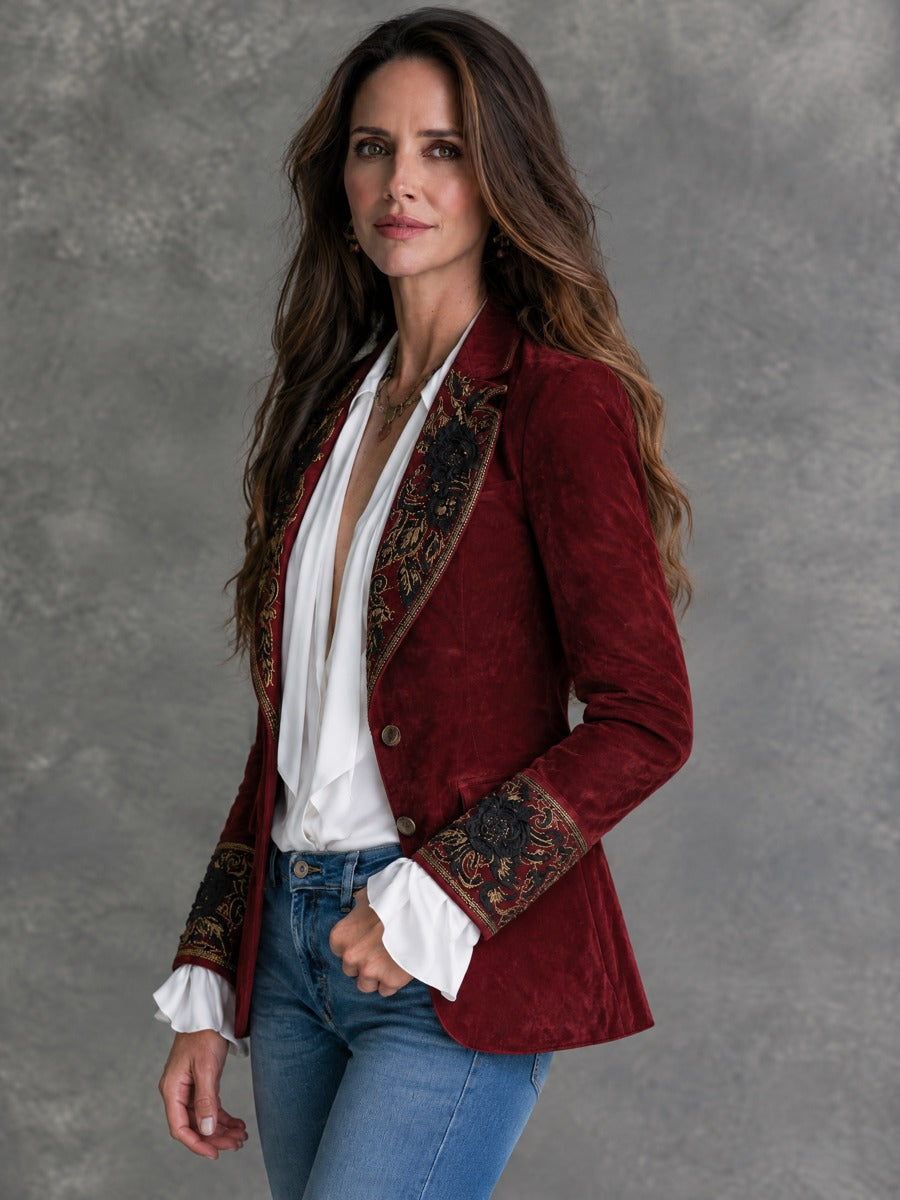 Georgia - Vintage Microsuede Blazer with Satin Collar and Floral Embroidery