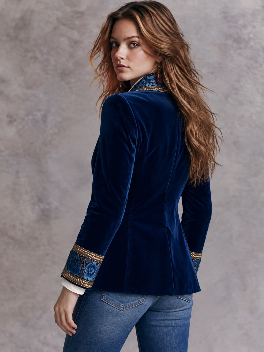 Aria - Blue Velvet Embroidered Blazer with Floral Collar