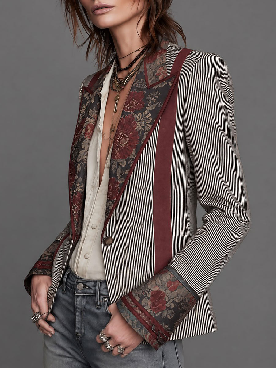 Camille - Quiet Luxury Striped Blazer with Floral Panels