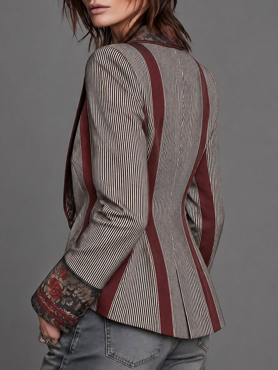 Camille - Quiet Luxury Striped Blazer with Floral Panels