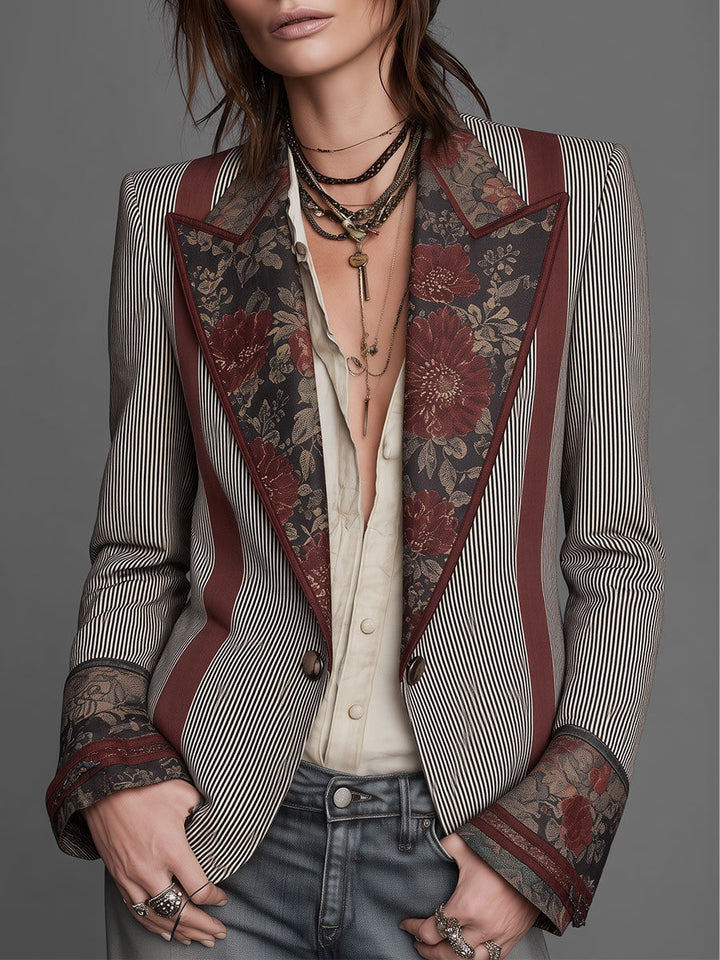 Camille - Quiet Luxury Striped Blazer with Floral Panels