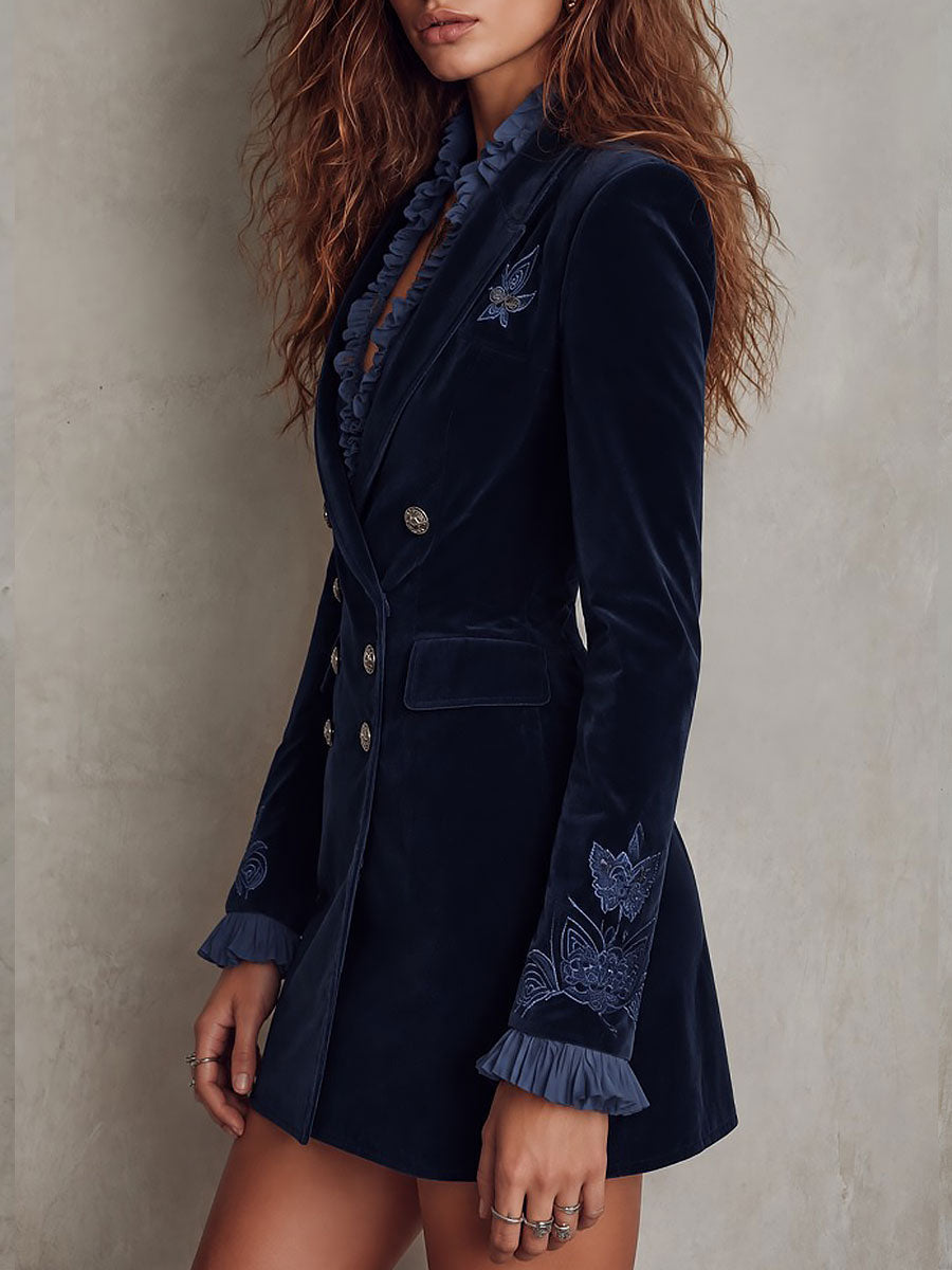Maeve - Embroidered Velvet Double-Breasted Blazer Dress