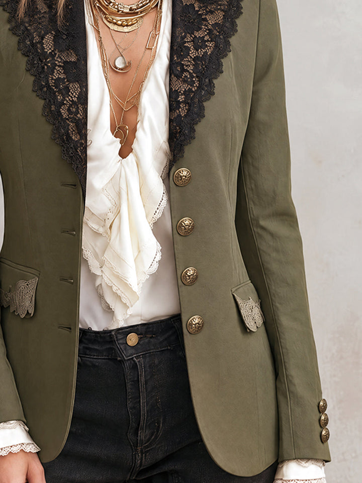 Hazel - Olive Blazer with Lace Lapels