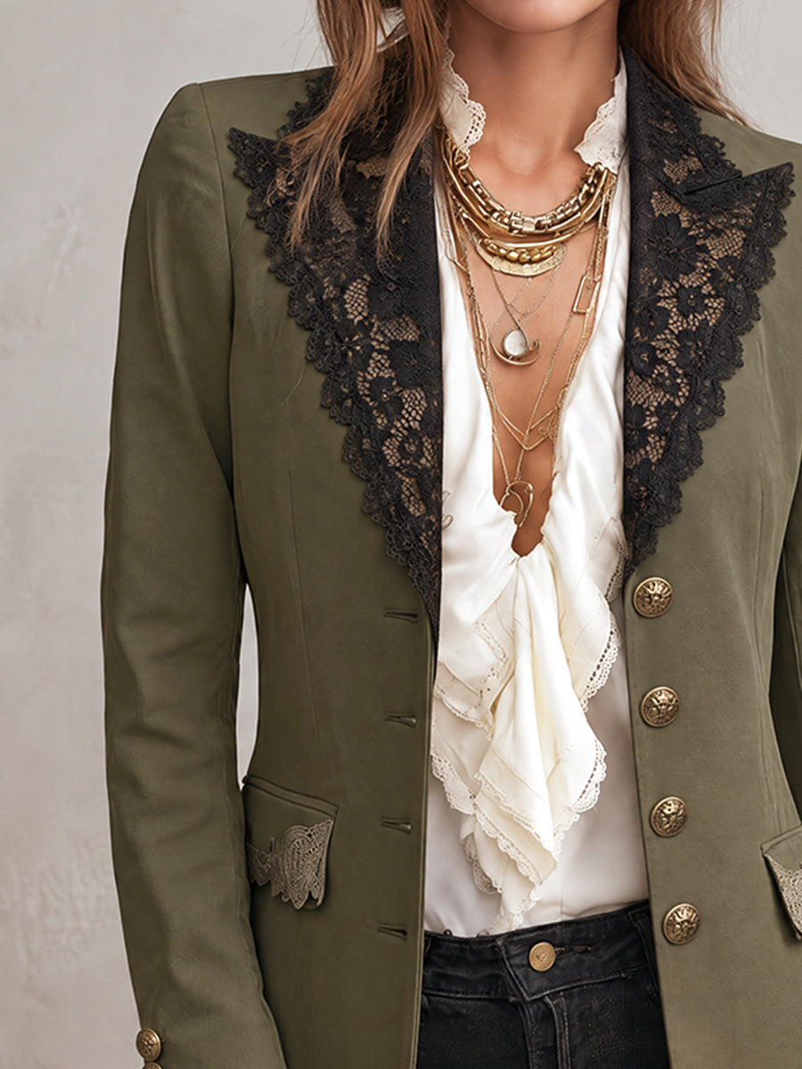 Hazel - Olive Blazer with Lace Lapels