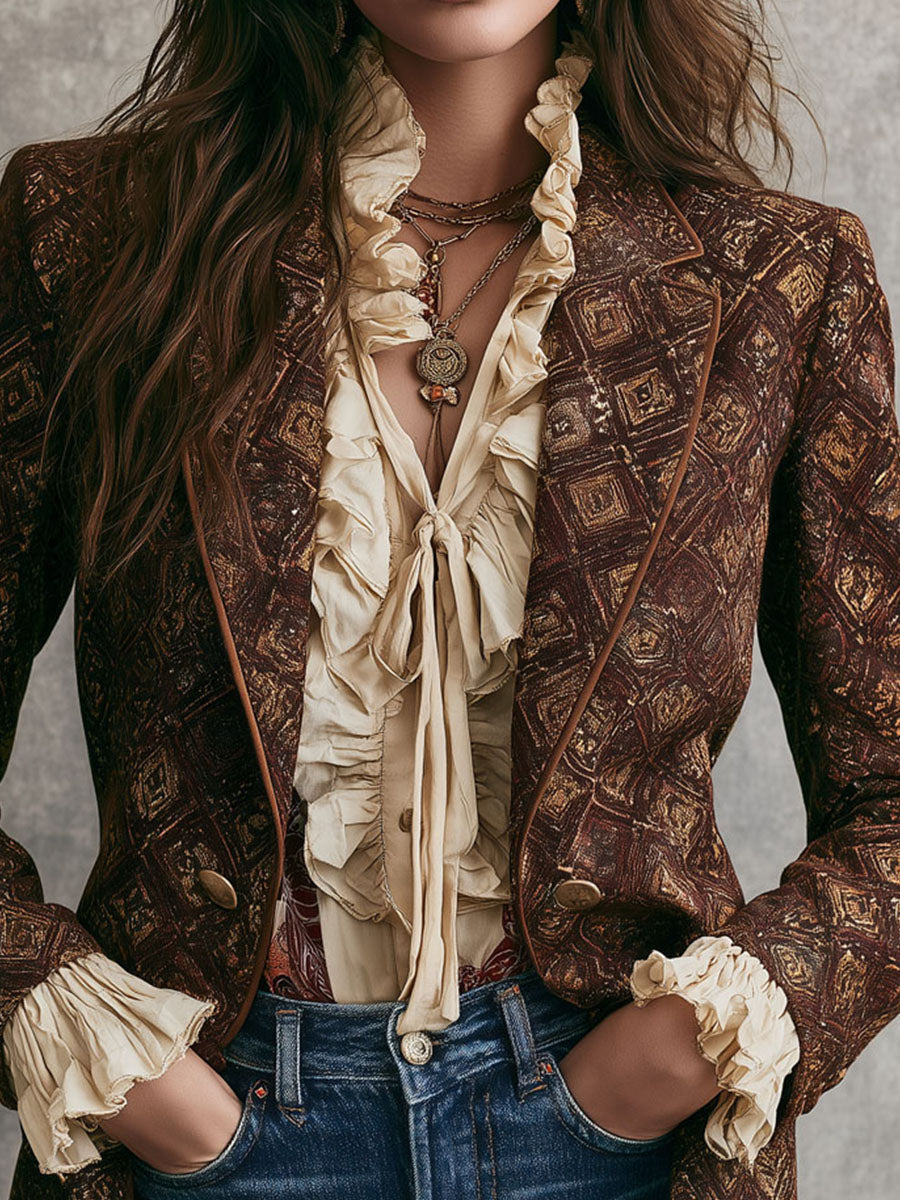 Tessa - Vintage 70s Geometric Print Double-Breasted Blazer in Dark Brown