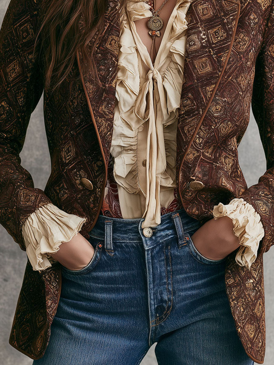 Tessa - Vintage 70s Geometric Print Double-Breasted Blazer in Dark Brown