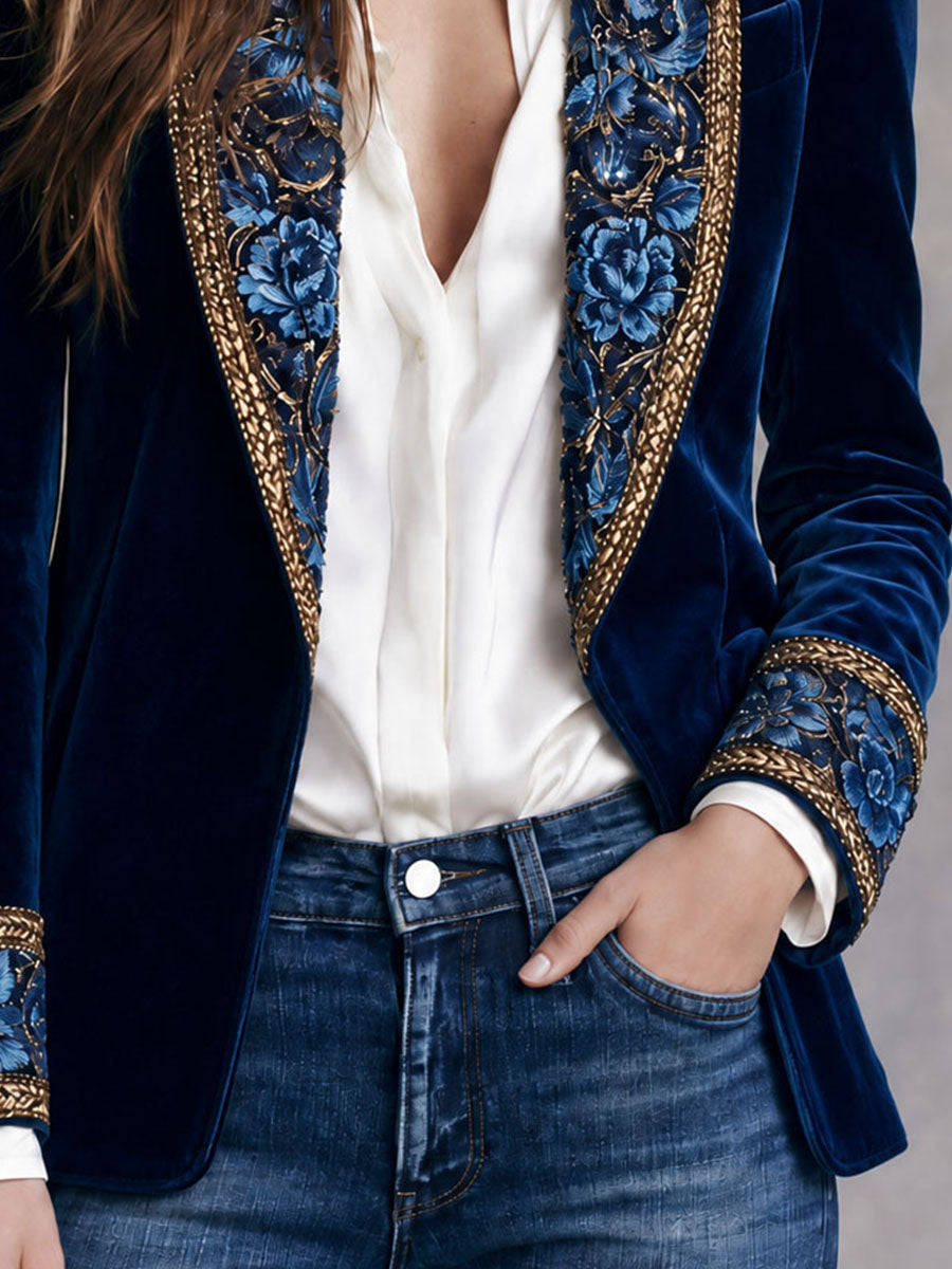 Aria - Blue Velvet Embroidered Blazer with Floral Collar