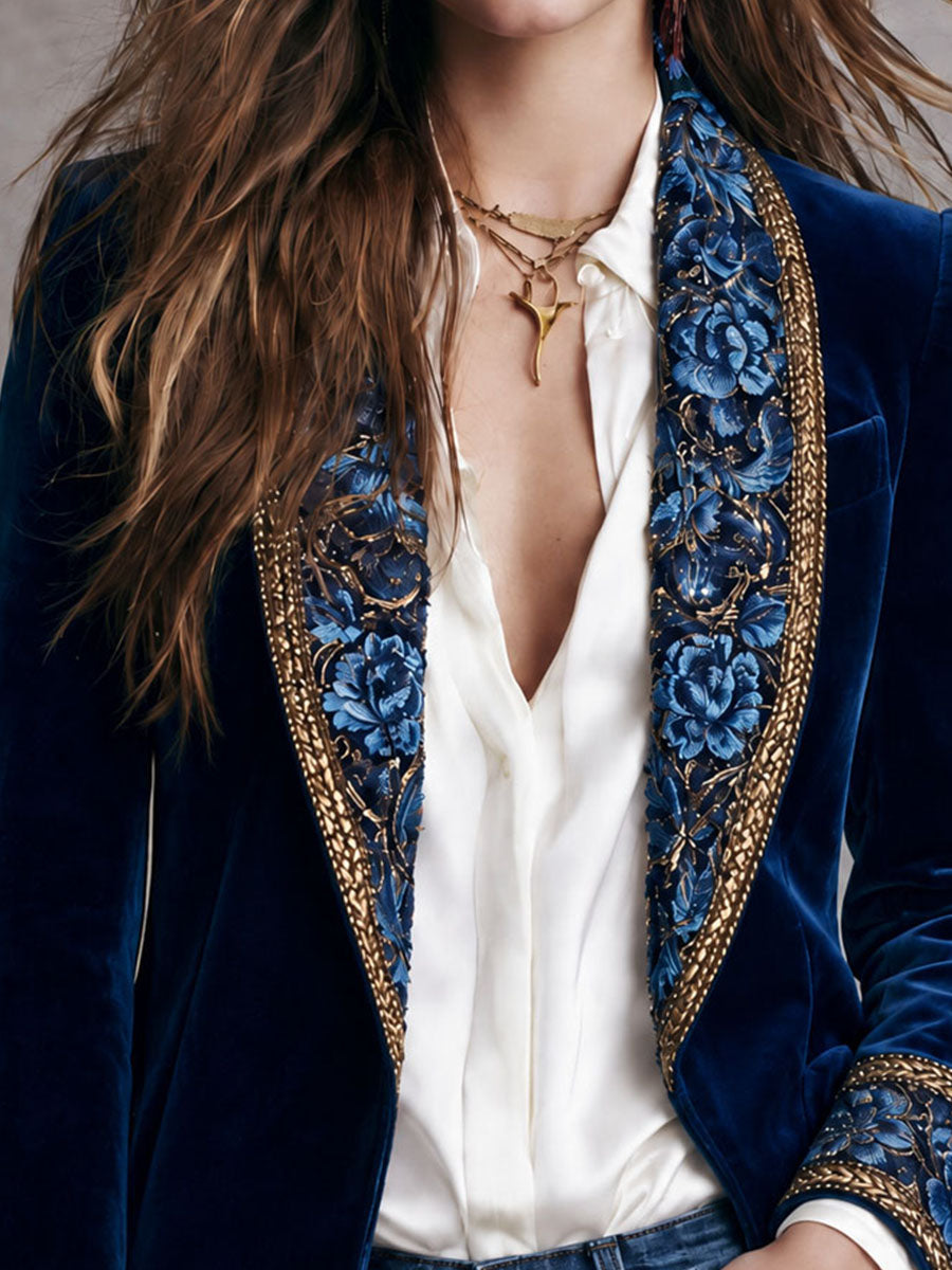 Aria - Blue Velvet Embroidered Blazer with Floral Collar