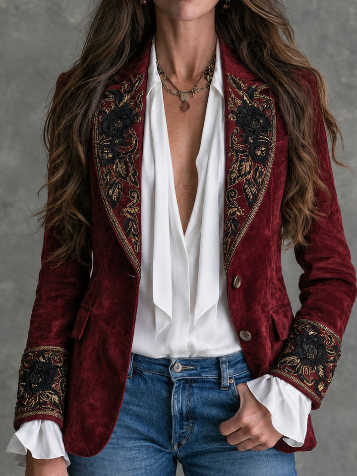 Georgia - Vintage Microsuede Blazer with Satin Collar and Floral Embroidery