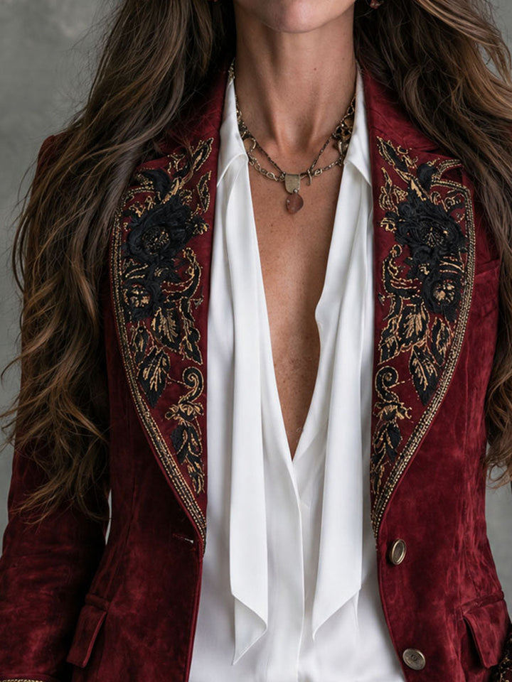 Georgia - Vintage Microsuede Blazer with Satin Collar and Floral Embroidery