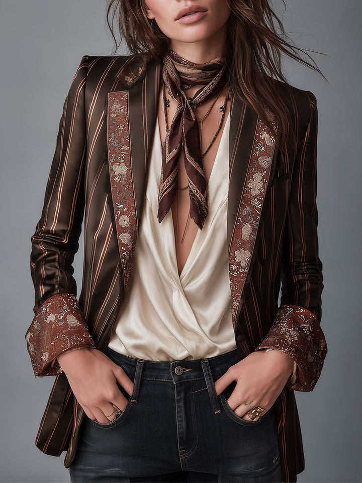 Willow - Retro Striped Satin Blazer with Floral Brocade