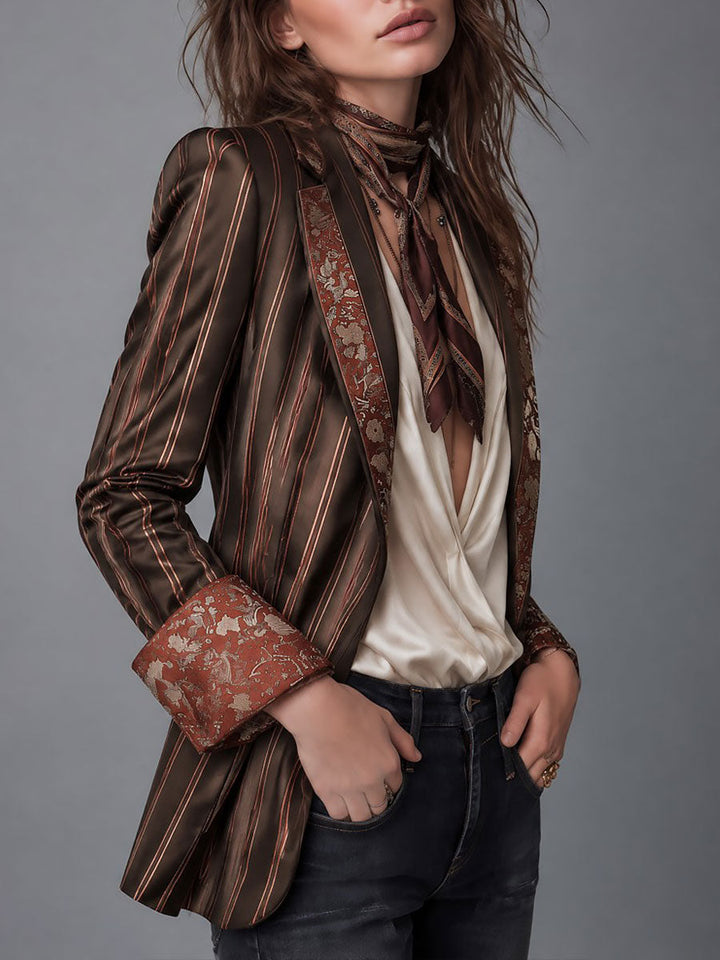 Willow - Retro Striped Satin Blazer with Floral Brocade