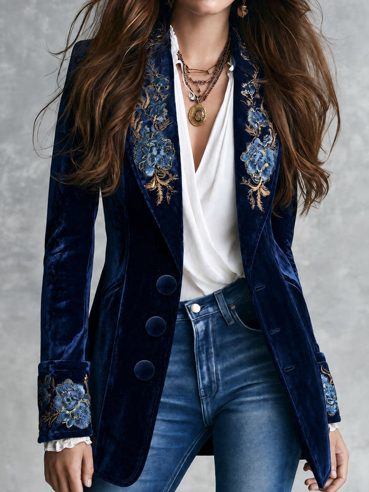 Violet - Retro Navy Velvet Blazer with Gold Floral Embroidery