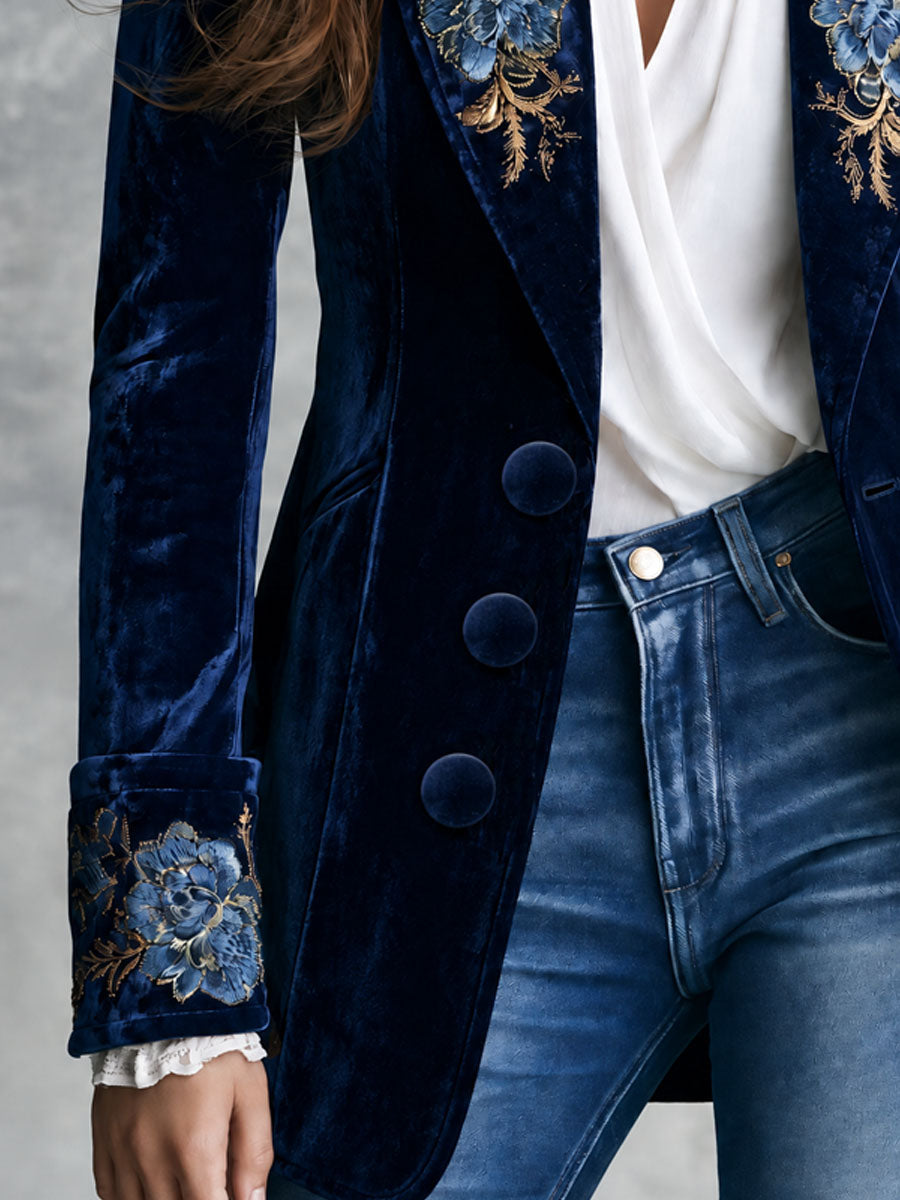 Violet - Retro Navy Velvet Blazer with Gold Floral Embroidery