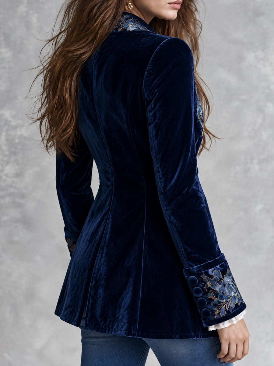 Violet - Retro Navy Velvet Blazer with Gold Floral Embroidery