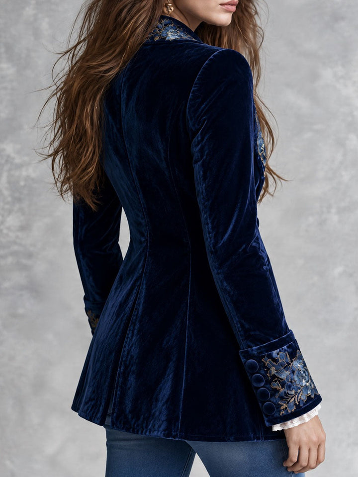 Violet - Retro Navy Velvet Blazer with Gold Floral Embroidery