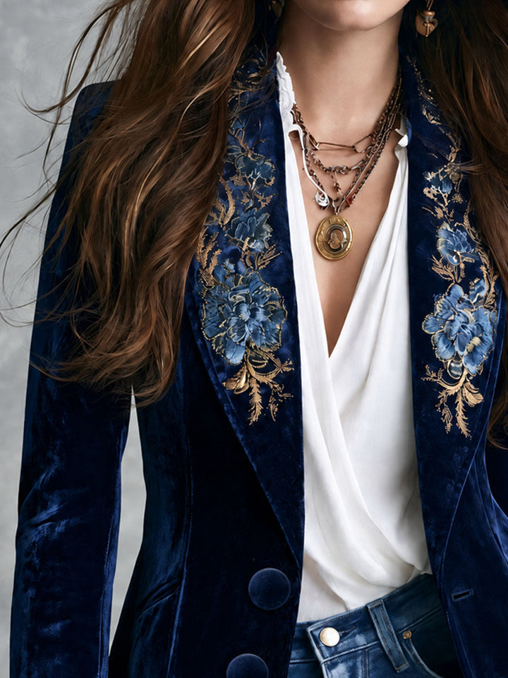 Violet - Retro Navy Velvet Blazer with Gold Floral Embroidery