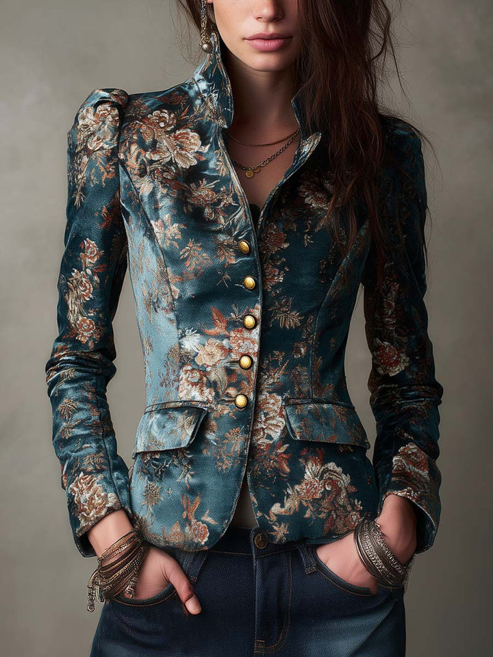 Nora - Retro Floral Brocade Fitted Jacket with Stand Collar