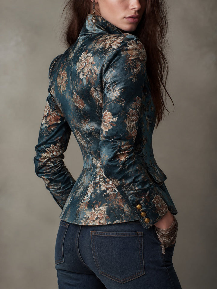 Nora - Retro Floral Brocade Fitted Jacket with Stand Collar