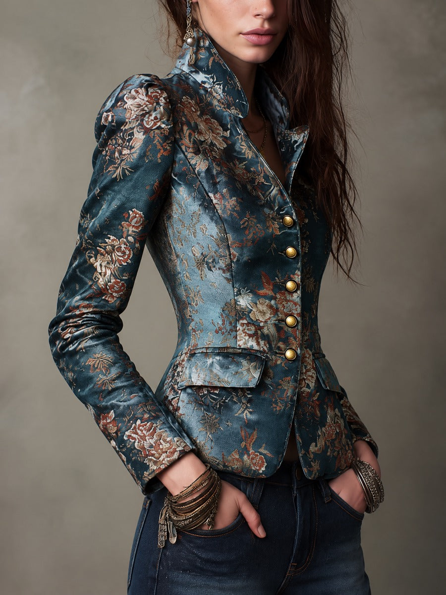 Nora - Retro Floral Brocade Fitted Jacket with Stand Collar