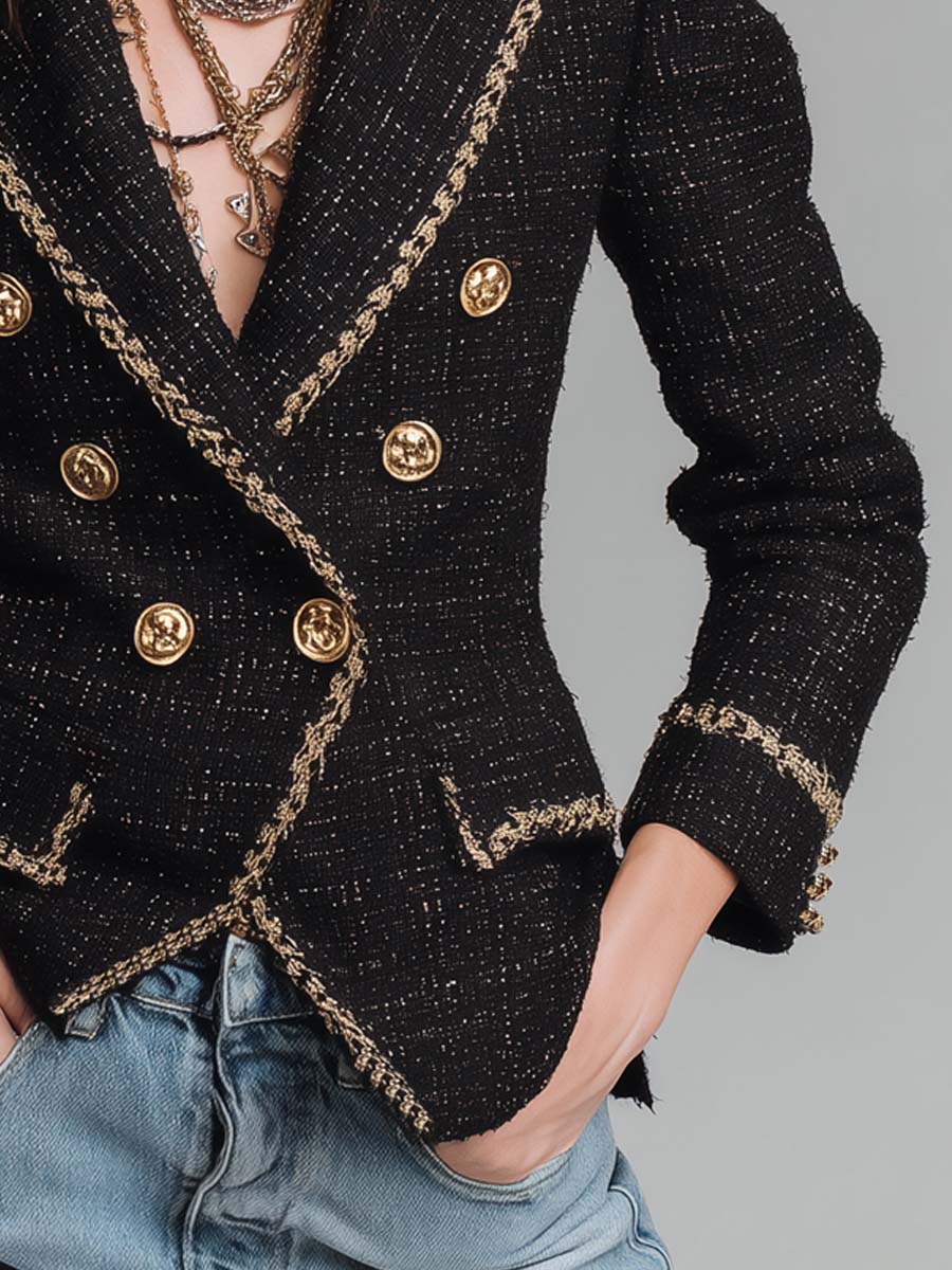 Rowan - Gold-Trim Double-Breasted Tweed Jacket