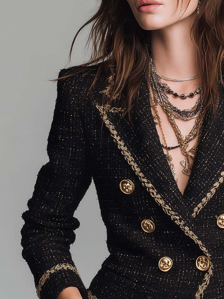 Rowan - Gold-Trim Double-Breasted Tweed Jacket