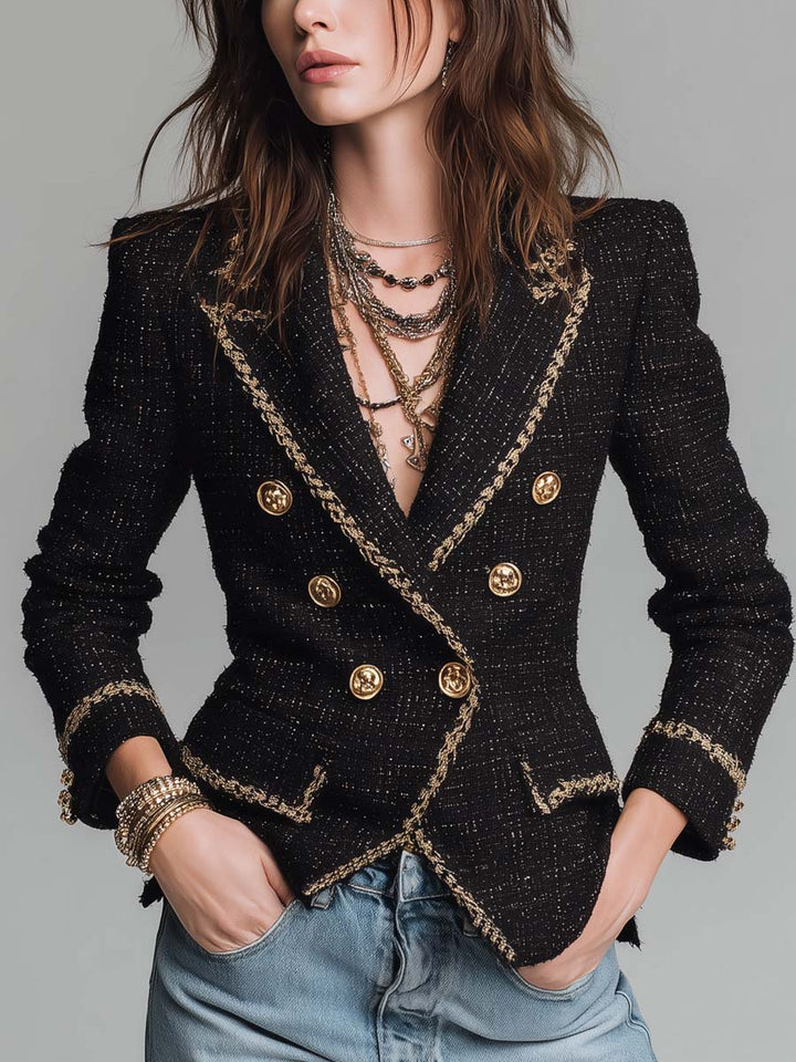 Rowan - Gold-Trim Double-Breasted Tweed Jacket