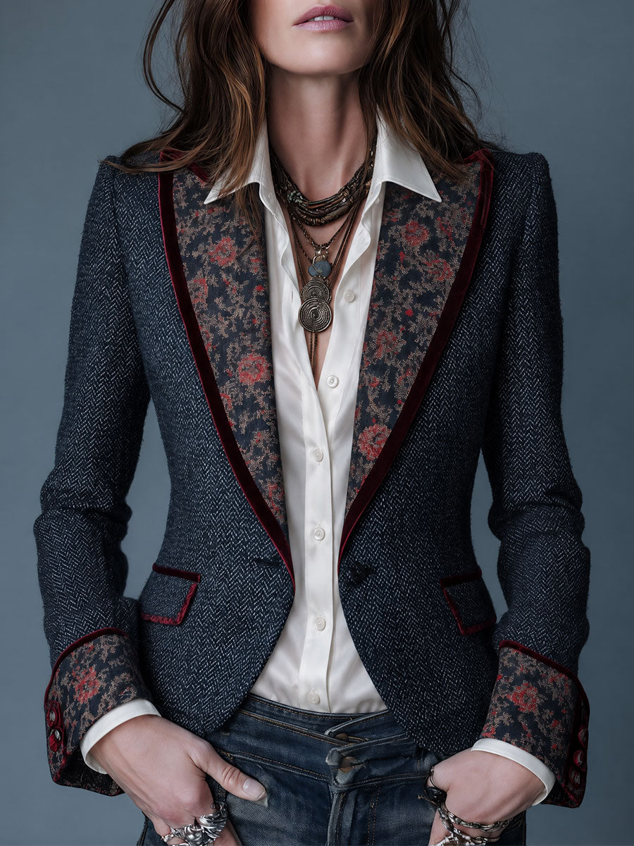 Ellis - Retro Tapestry Denim Blazer with Velvet Floral Lapels