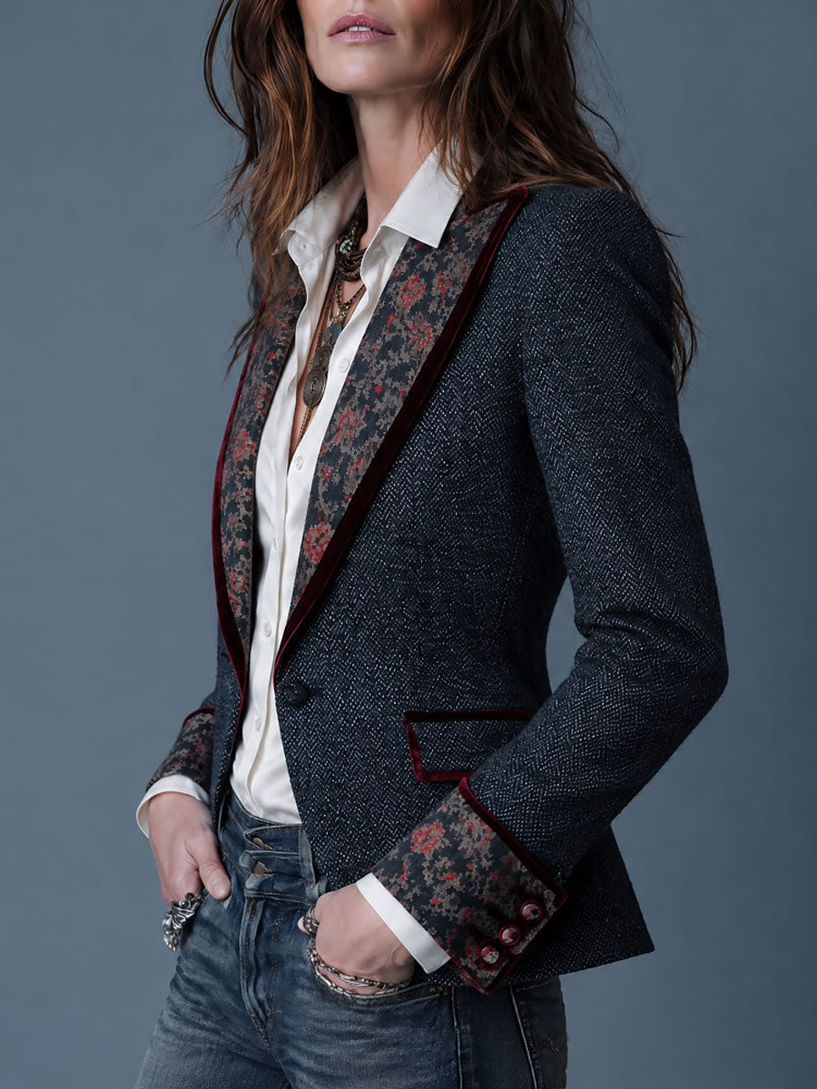 Ellis - Retro Tapestry Denim Blazer with Velvet Floral Lapels