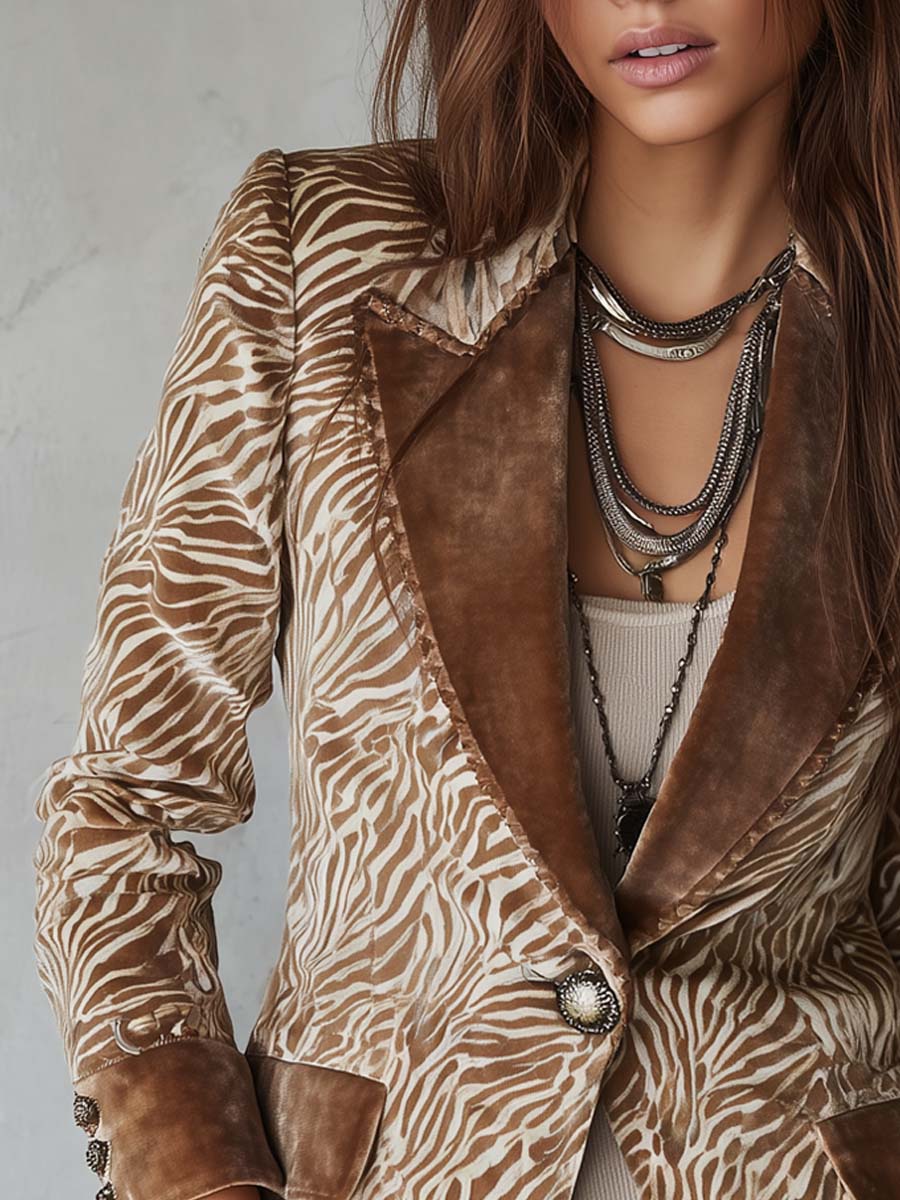 Marlowe - Zebra-Print Faux Suede Blazer with Velvet Collar