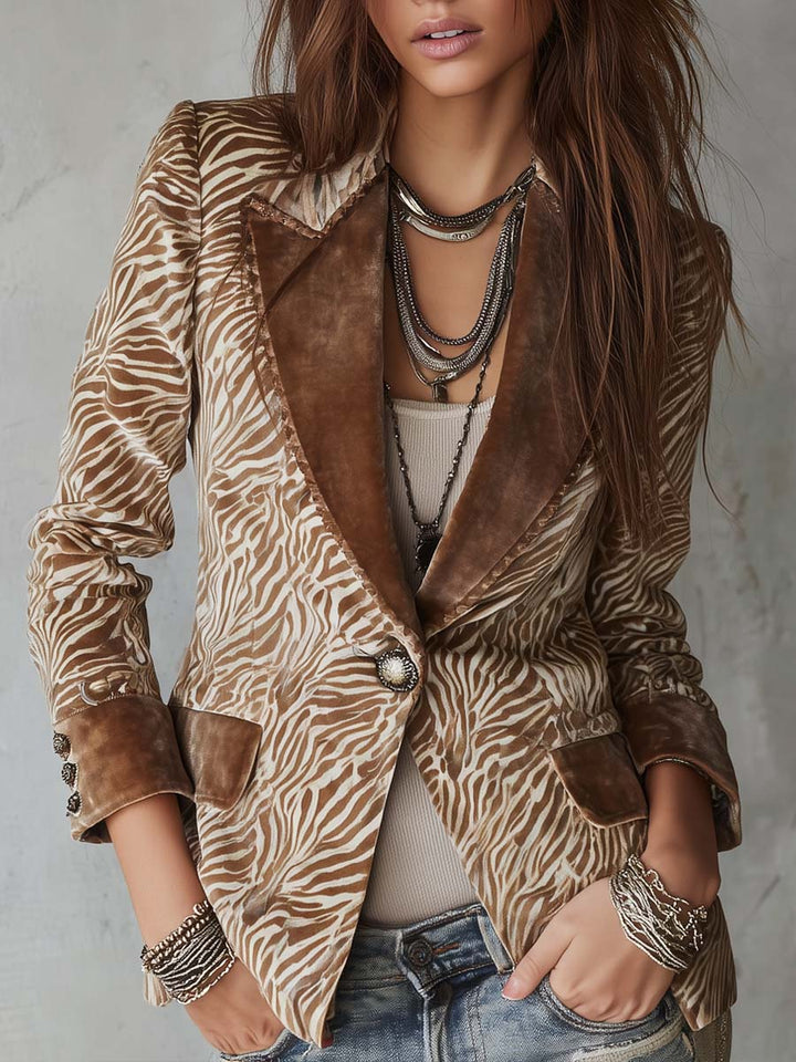 Marlowe - Zebra-Print Faux Suede Blazer with Velvet Collar