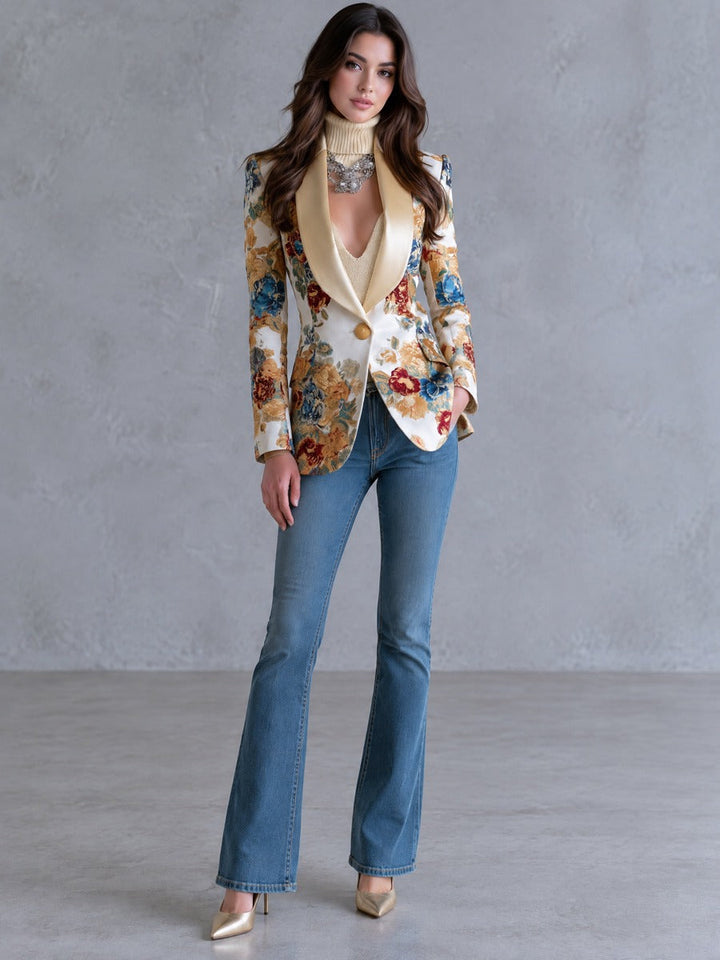 Sloane - Boho Floral Blazer with Satin Collar
