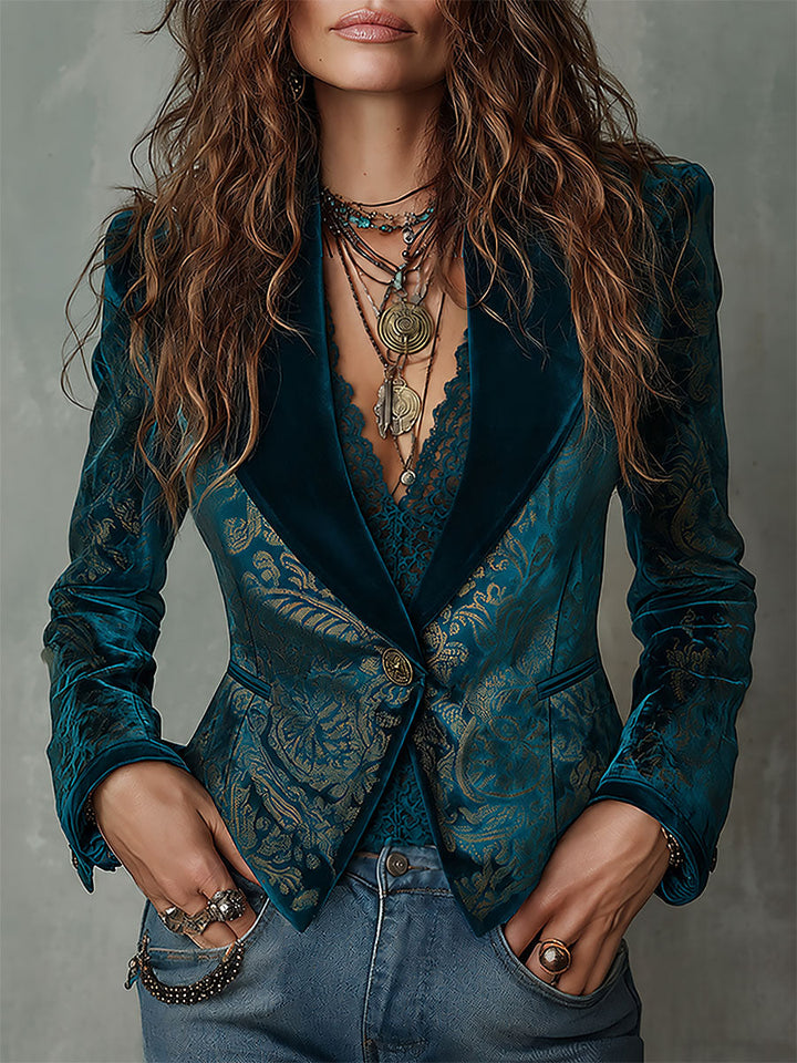 Harper - Retro Turquoise & Gold Satin-Lapel Blazer