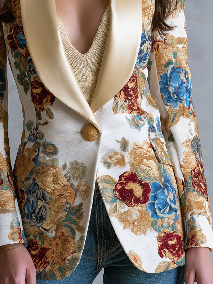 Sloane - Boho Floral Blazer with Satin Collar