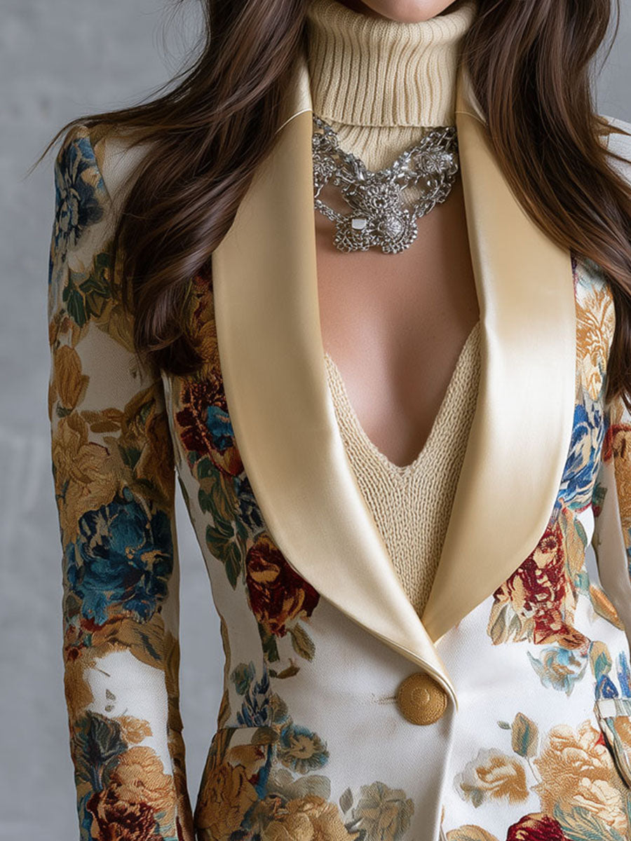 Sloane - Boho Floral Blazer with Satin Collar