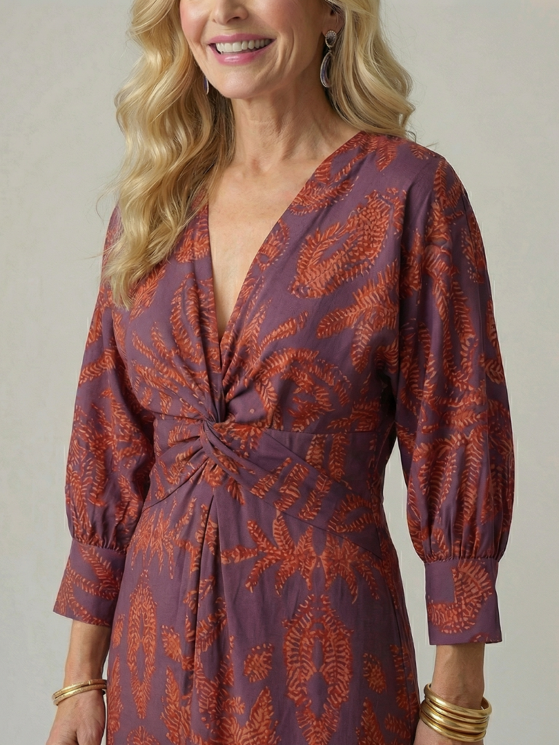 Lucy - Midi Dress with Long Sleeves and Natural Print