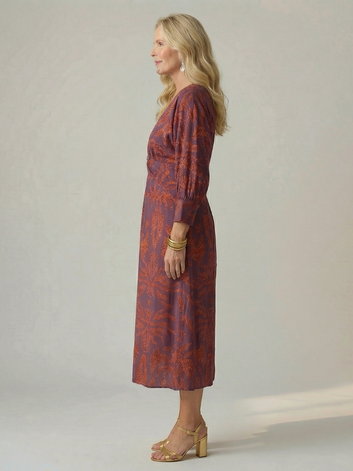 Lucy - Midi Dress with Long Sleeves and Natural Print