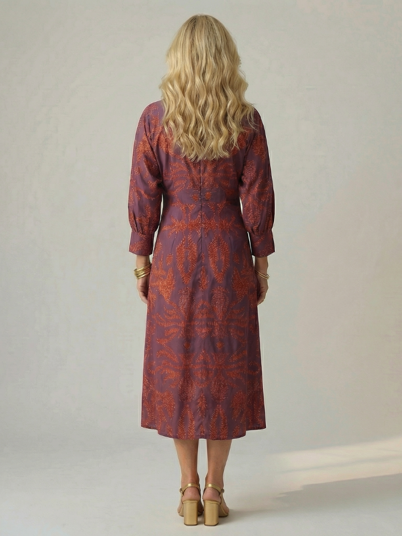 Lucy - Midi Dress with Long Sleeves and Natural Print