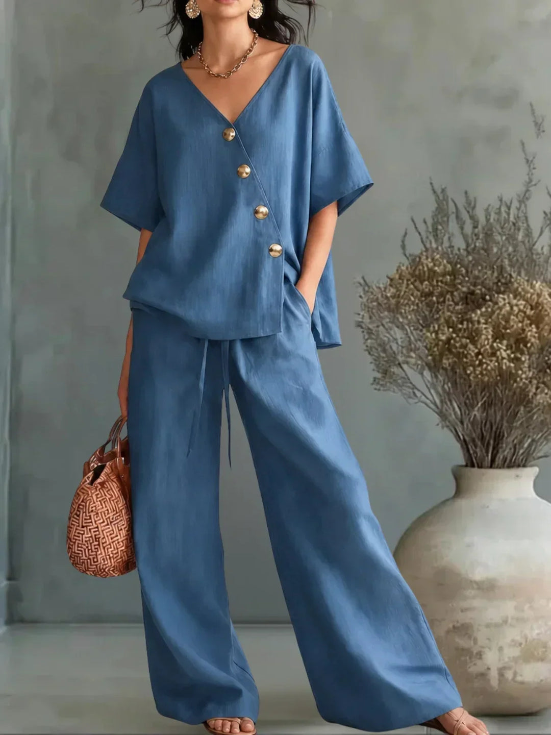 Capucine - V-Neck Top and Drawstring Palazzo Pants Set