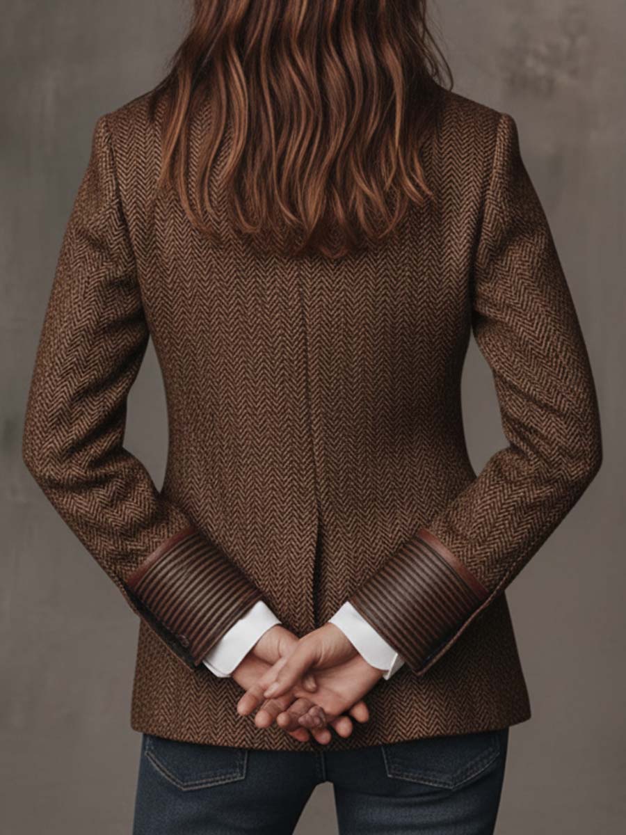 Penny - Brown Chevron Blazer with Printed Lapel and Contrast Trim