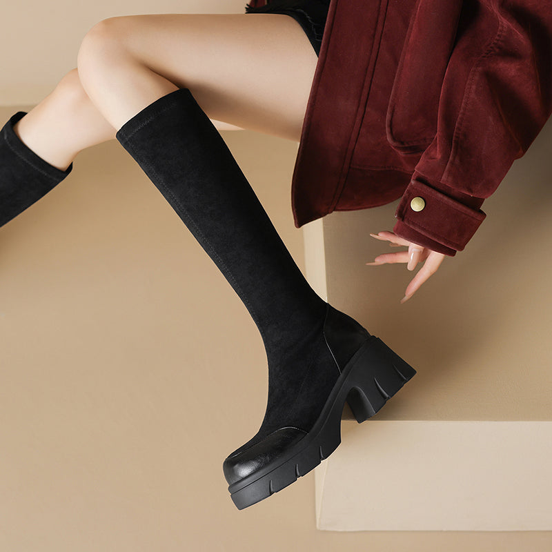 Rhiannon - Suede Tall Boots with Chunky Platform