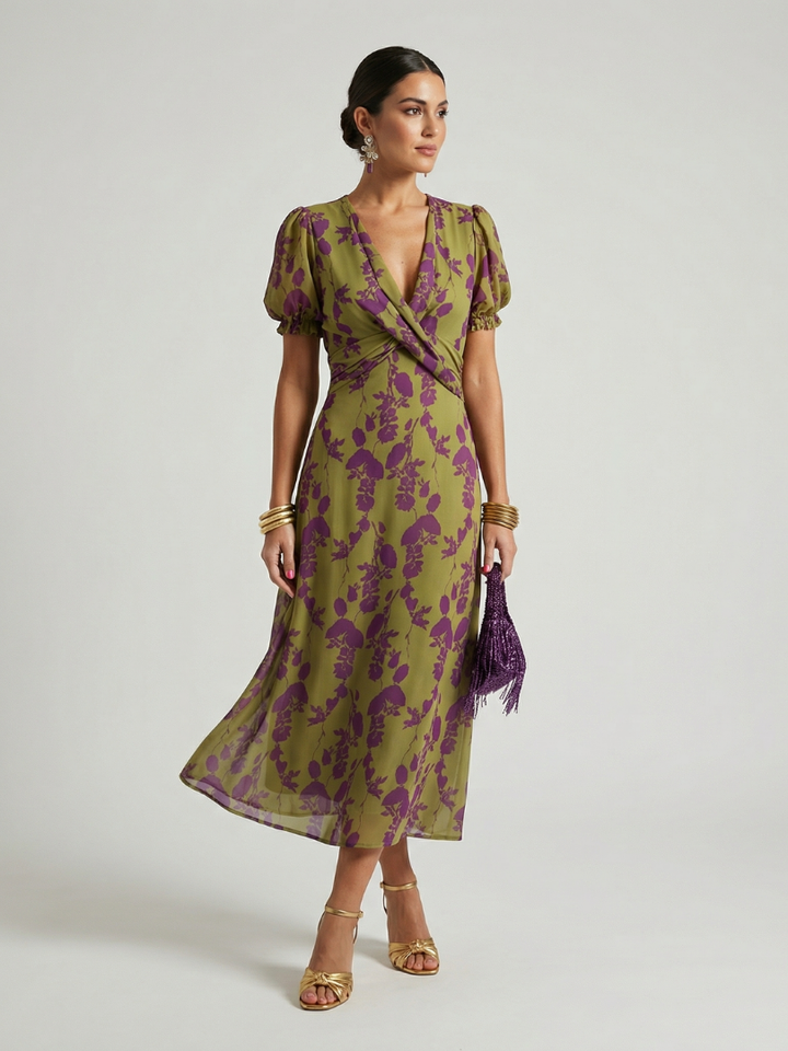 Evangelina - Floral Midi Dress with Short Sleeves